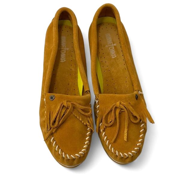 Minnetonka Suede Moc Boat Shoes - Kilty Plus, Saffron Gold, Size 11 - Picture 2 of 9